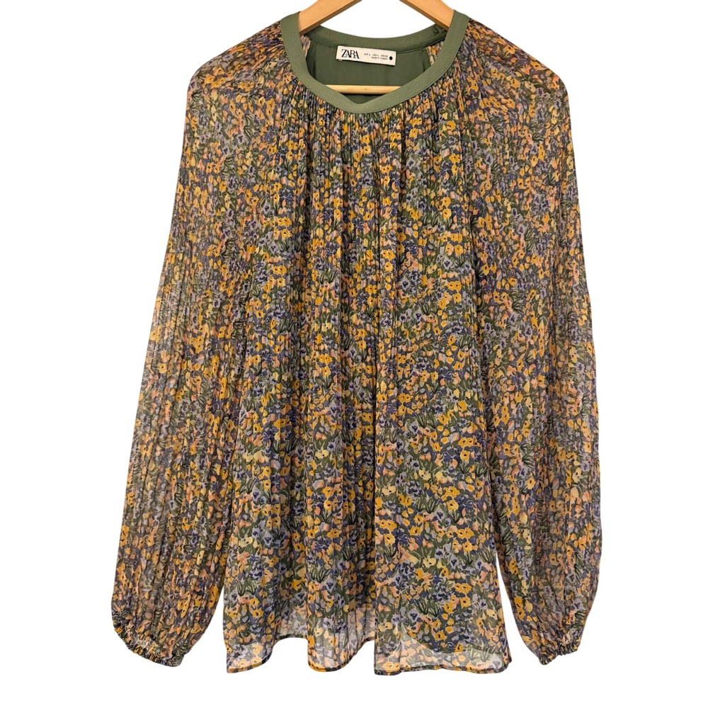 ZARA Floral Pleated Chiffon Blouse Top Green Yellow Balloon Sleeve Boho Size L